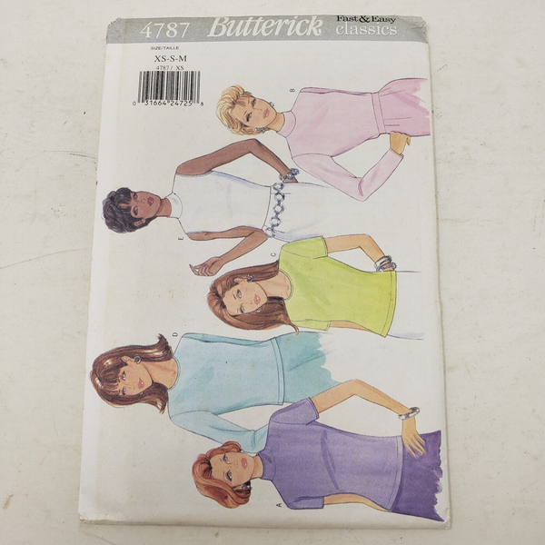 Vintage Butterick 4787 Pattern Stretch Knit Classics Tops 5 Styles Sizes XS S M