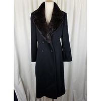 Vintage Lorendale Black 100% Pure Wool Fur Collar Maxi Swing Peacoat Womens 12