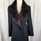 Vintage Lorendale Black 100% Pure Wool Fur Collar Maxi Swing Peacoat Womens 12