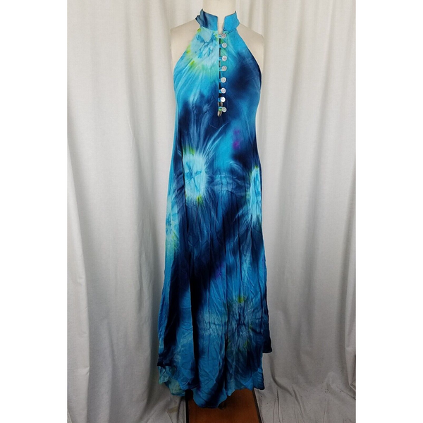 Vintage Asymmetrical Blue Tie Dye Dress Flowing Band Collar Maxi Halter Womens S