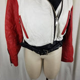 Chia Colorblock Leather Moto Biker Jacket Belted Womens L MJ Thriller Cropped