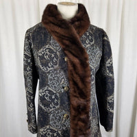 Vintage Iszards 50s MCM Fur Collar Tapestry Peacoat Coat Womens S M Carpetbagger